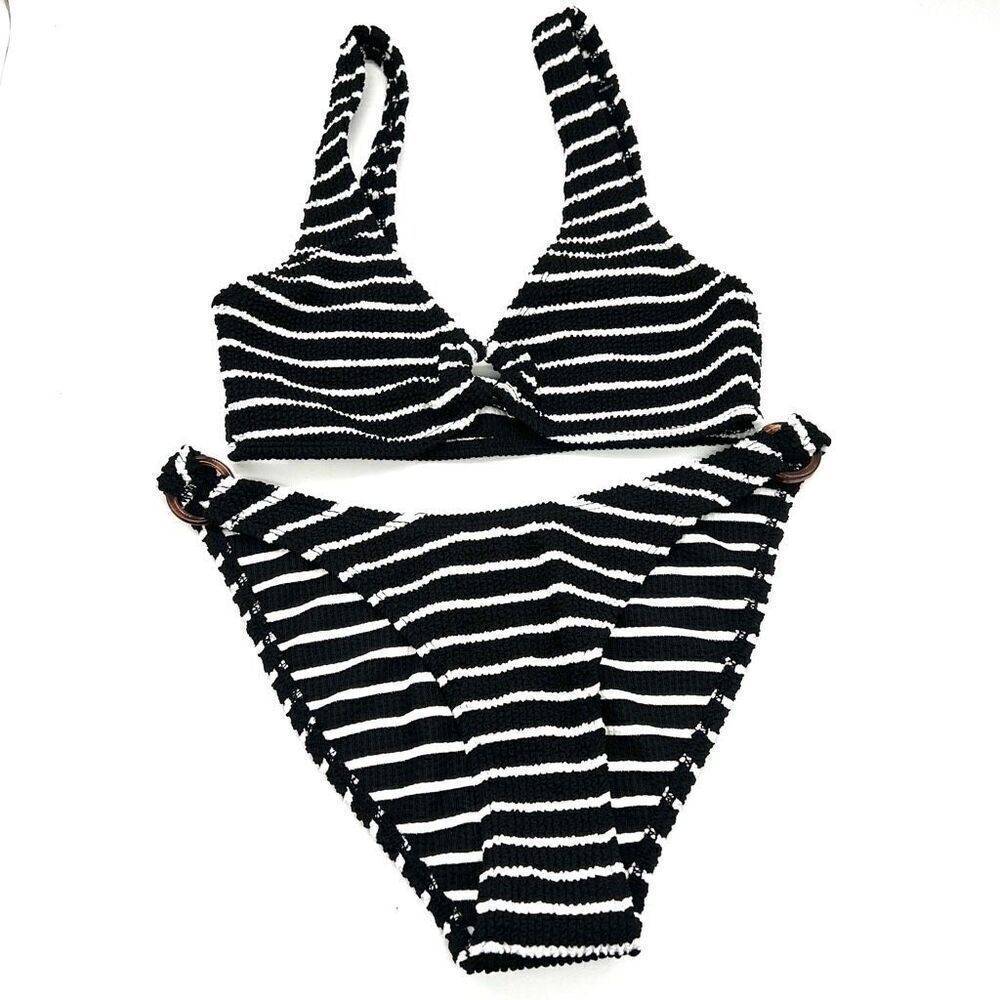 No Boundaries Striped Textured Two Piece Bikini Black and White Size Medium